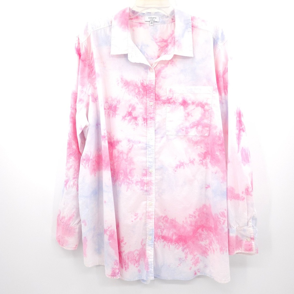 Cabana by Crown & Ivy Button Down Women 3X Pink Blue Tie Dye Long Sleeve Shirt